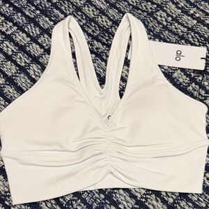 ALO Yoga White V-Neck Ruched Sports Bra